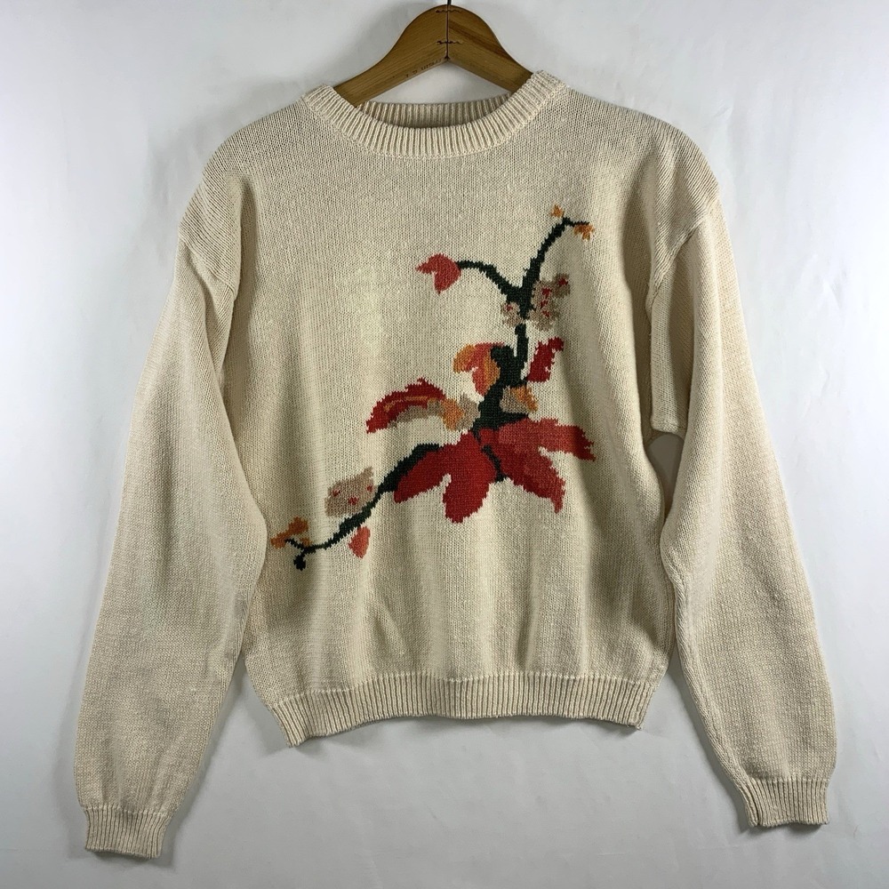 VTG 90s Womens Cottagecore Floral Sweater Size S/M Cotton Ramie Garden Botanical